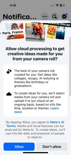 A smartphone notification screen prompts the user to allow cloud processing for personalized creative ideas based on their camera roll. The screen features a mix of images, including a view of the Eiffel Tower, a person in colorful clothing, and food. Options for allowing or