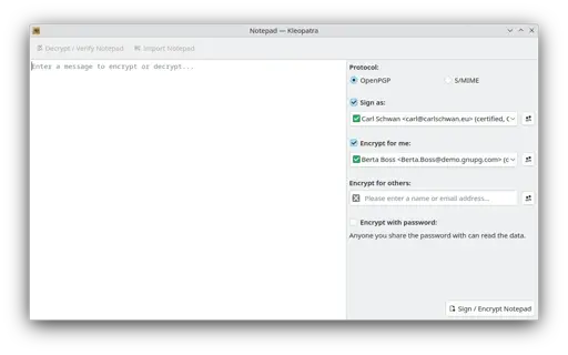 Kleopatra, displaying it is new separate notepad feature.