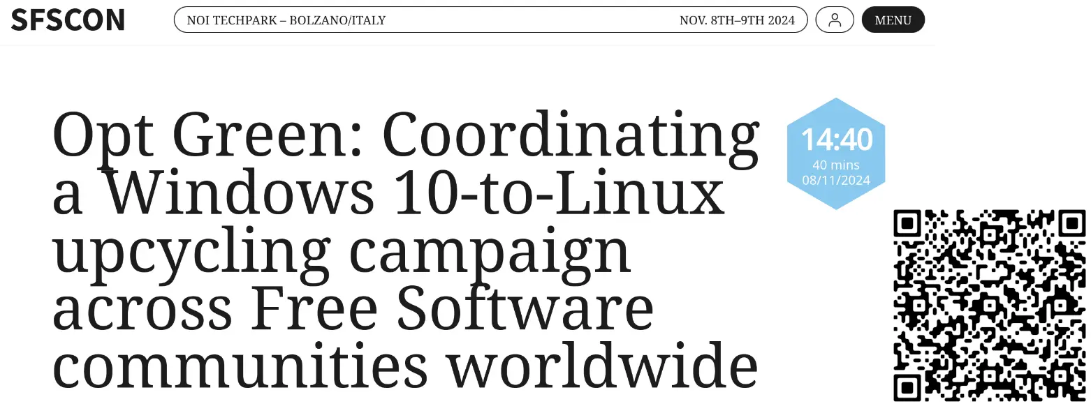 Screenshot from the BoF (Birds of a Feather) announcement with the title "Opt Green: Coordinating a Windows-10-to-Linux upcycling campaign across Free Software communities worldwide". To the right of the screenshot is a QR code for the link included in the toot.