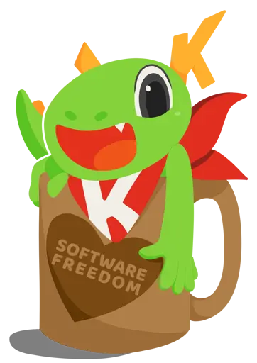 A digital transparent image of Konqi, a small, anthro, lime green dragon sitting in a coffee cup. He has antlers which resemble a K shape, as well as a red scarf with a white K on it (referencing his name and also the KDE logo). Konqi has a huge smile with a small fang visible, and his tail pokes out of our left of the cup. One of his hands grips the top of the cup, while the other hands down low on our right side. The coffee cup has a large heart on it, with text inside that reads: software freedom.