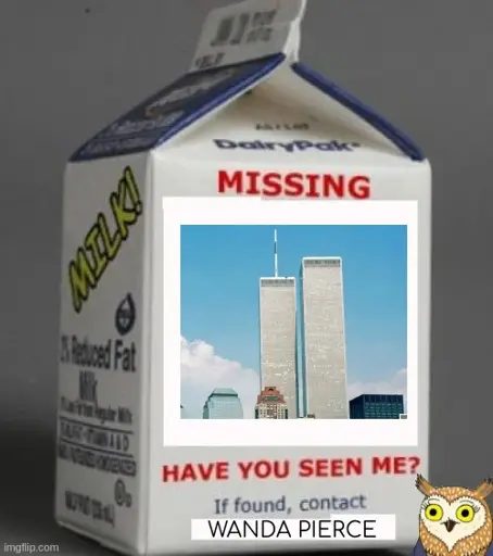 <image of milk carton with missing have you seen me on the back> missing <picture of the world trade centers> have you seen me? if found, contact wanda pierce <image of wanda pierce from bojack horseman>