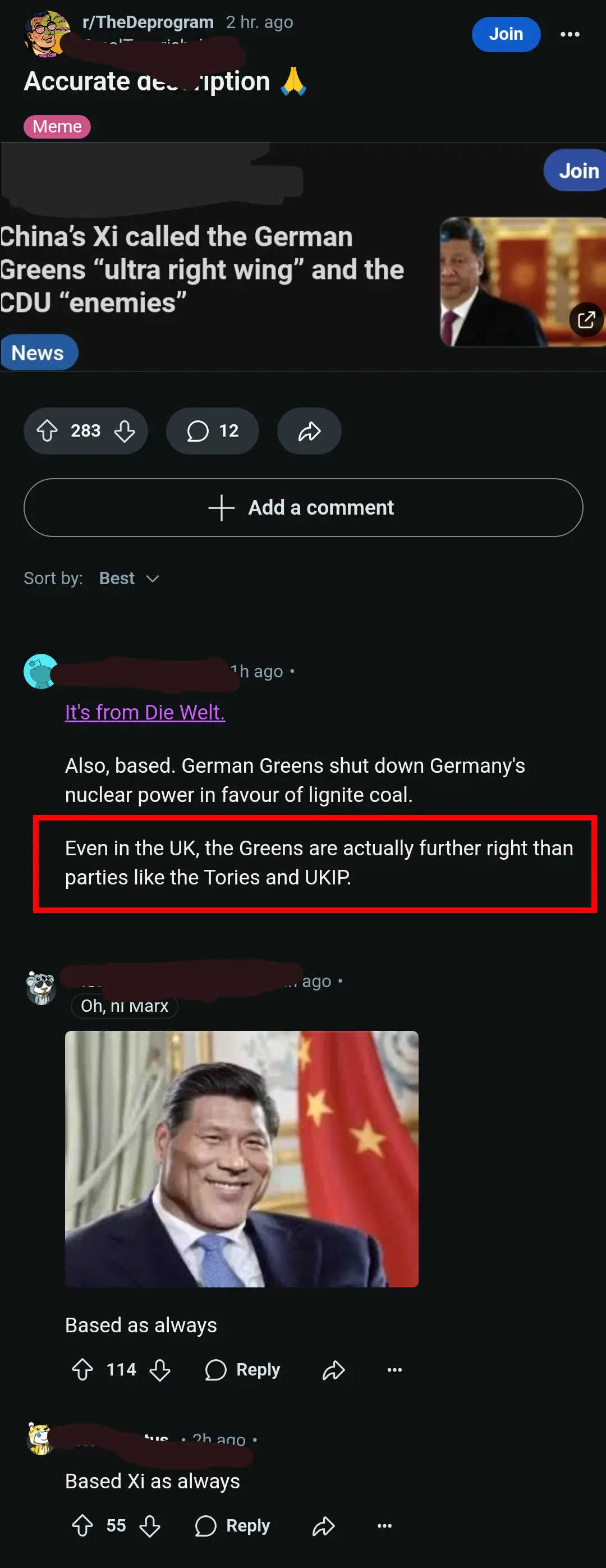 A post from the deProgram subreddit about Xi Jinping calling the German Greens "ultra right wing" and a red box highlighting a comment from a user saying " Even in the UK, the Greens are actualy further right than parties like the Tories and UKIP."