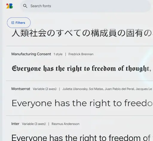 A screenshot of Google Fonts showing a gothic font called "Manufacturing Consent"