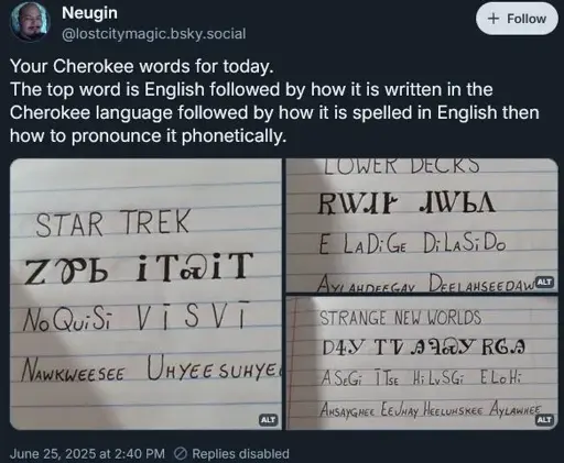 Screenshot from bluesky showing the Cherokee words for "Star Trek," "Lower Decks," and "Strange New Worlds." How their written in Cherokee and English