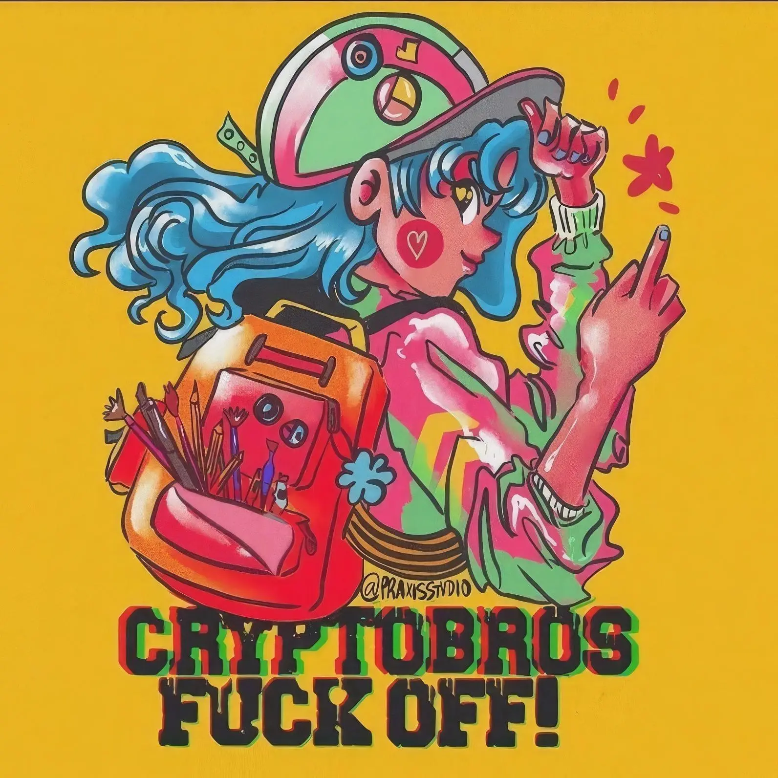 Colorful drawing of an female artist carrying a backpack with pencils and brushes with "CRYPROBROS FUSCK OFF!" written under it.