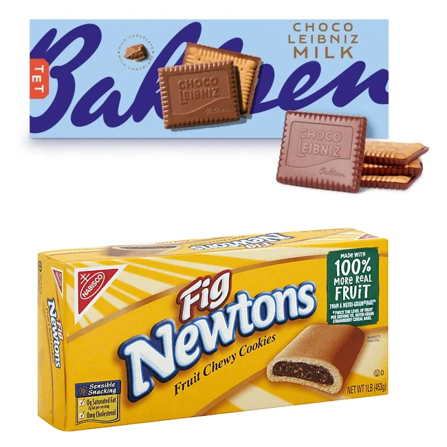 A picture of some Fig Newton and Choco Leibniz biscuits.