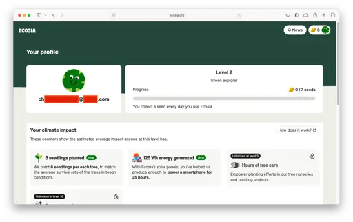Screenshot of a Ecosia user profile page with the new seed counter.