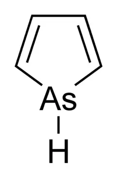 A cyclic molecule consisting of four CH2 groups and an arsenic, which is in turn attached to a hydrogen atom.