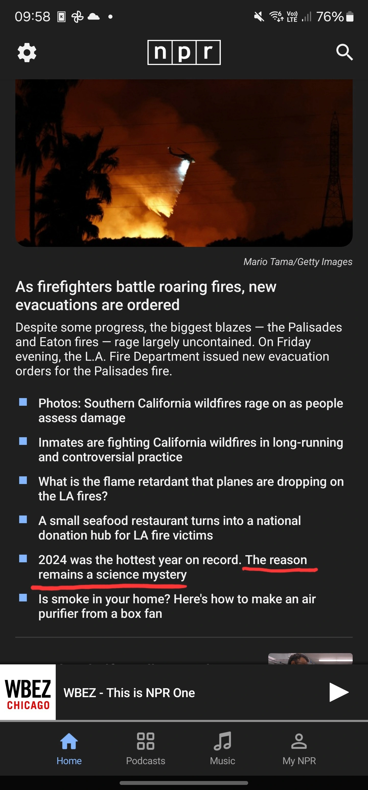 A screenshot of the npr app with a bullet point in an article about the californian wildfired highlighted that says: " 2024 was the hottest year on record, the reason remains a scientific mystery"