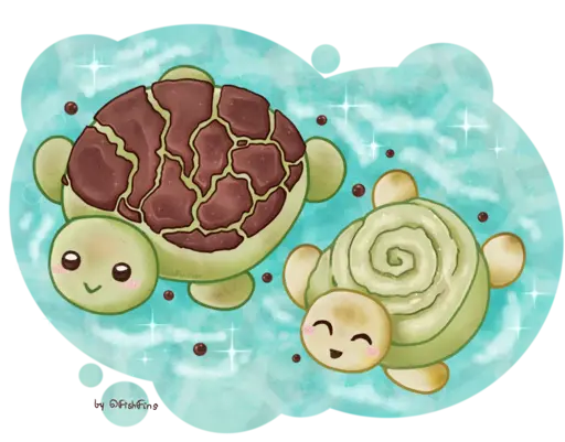 Two round bread bun turtles swimming in boba waters. First bigger one on the left is a matcha concha inspired turtle with chocolate crinkles, second smaller one on the right is a toasted bun with a matcha swirl and some glaze.