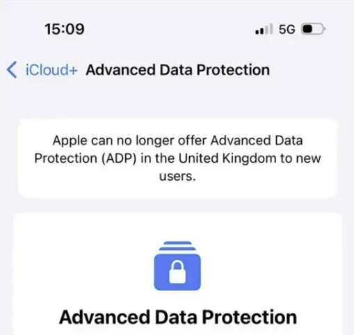 Apple iCloud+ notifying UK users that Advanced Data Protection is no longer available.