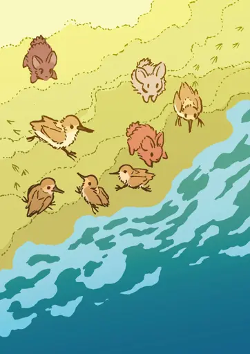 Some bunnies join a group of sandpipers, running back and forth near the waves on a sandy beach. Some of them are inching towards an outgoing wave, while others scurry away. It is a pleasant day by the seashore