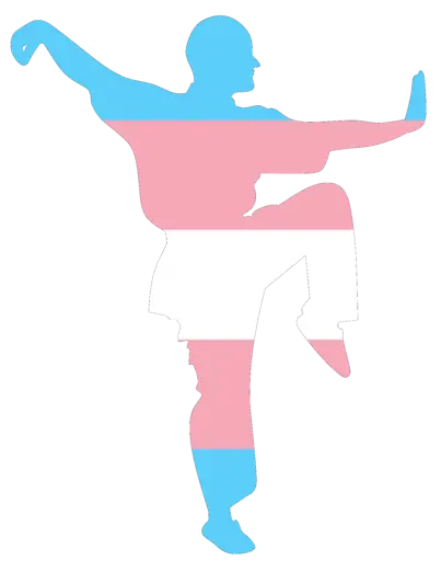 Silhouette of a person striking a pose. The silhouette is colored like the trans pride flag.