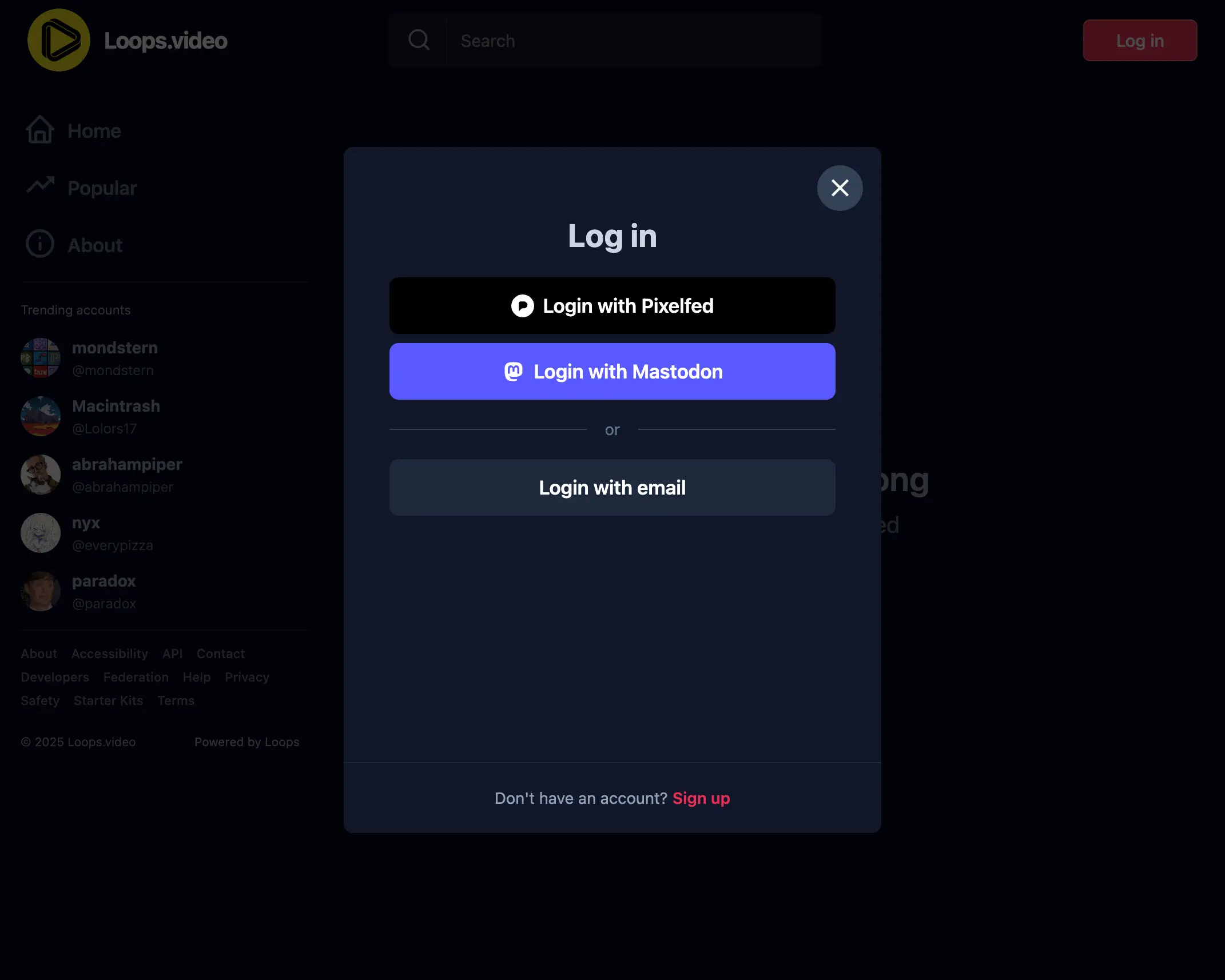 Loops.video login showing Login with Pixelfed and Login with Mastodon