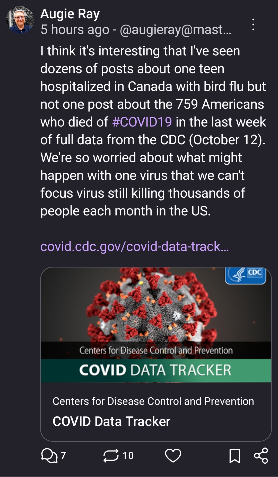 I think it's interesting that I've seen dozens of posts about one teen hospitalized in Canada with bird flu but not one post about the 759 Americans who died of #COVID19 in the last week of full data from the CDC (October 12). We're so worried about what might happen with one virus that we can't focus virus still killing thousands of people each month in the US. 

https://covid.cdc.gov/covid-data-tracker/#trends_weeklydeaths_select_00