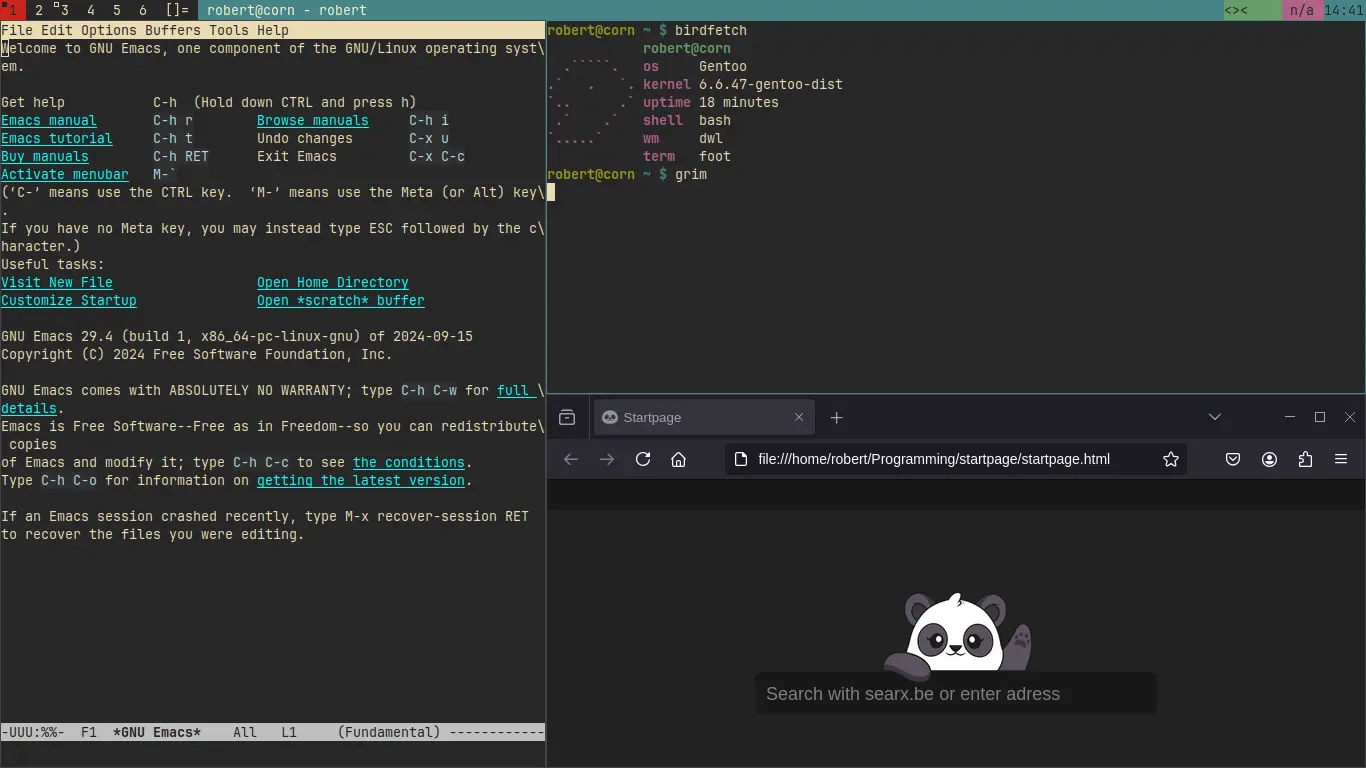 The screenshot shows three windows: emacs, a terminal and firefox.