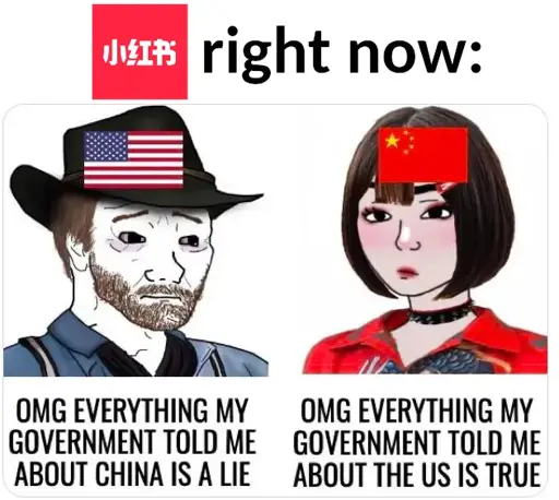 A meme captioned "Rednote right now:" followed by an image of an American man saying that everything they were told about China is a lie, and a Chinese woman saying that everything they were told about the US is true.