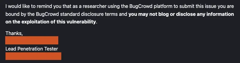 Message from the Lead Penetration Tester barring discussing the vulnerability exploitation.