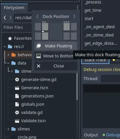 The filesystem dock in godot with the three dots hit and it showing the mouse over the Make Floating button