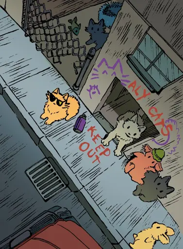 A bunny is sitting on a street corner with a cadre of cats friends. They have made cat-themed graffiti around the area, establishing it as their turf by saying 'Alley Cats - Keep out!' The bunny and their cat group are just hanging out, but a second bunny walking down the street eyes them cautiously. 