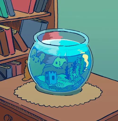A bunny looks into a round fishbowl, staring at a single goldfish swimming amidst some decorations. They are on a small desk in a living room somewhere