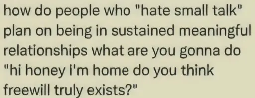 The image is a screenshot of an internet post where it says: `how do people who "hate small talk" plan on being in sustained meaningful relationships what are you gonna do "hi honey I'm home do you think freewill truly exists?"`