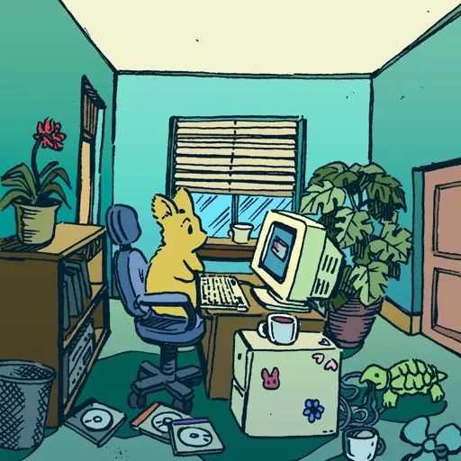 A bunny sits at a desk, staring perplexedly at their beige computer. The computer is giving them an error message, and unbeknownst to the bunny a turtle is chewing the wires behind the desk. Obsolete media is strewn about the floor