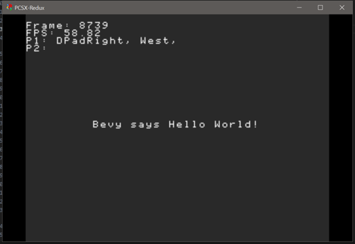 "Bevy says Hello World" text with displayed debug info inside an emulator