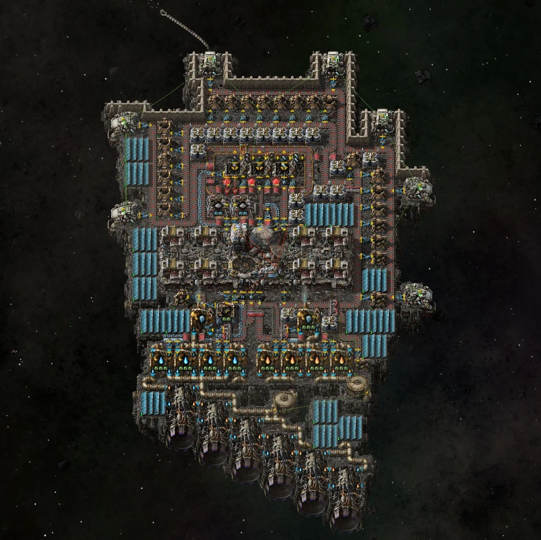 Factorio space platform using a mix of parts in an asymmetrical design involving a significant amount of spaghetti.