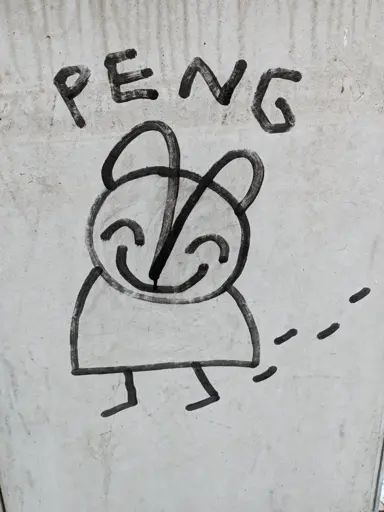 The tag "PENG" with a cute doodle animal, maybe a mouse, underneath. Black pen on light grey wall