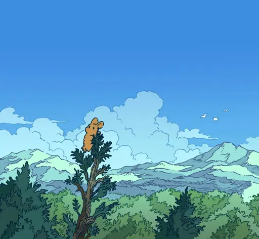 A bunny has climbed a tall, scraggly tree, and looks out across the treetops. The edge of the forest and the mountains beyond are visible, and there are a few clouds in the sky.
