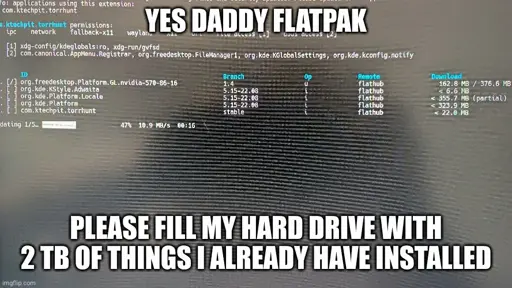 a terminal with a flatpak install. Flatpak is installing over 1 GB of Libraries already present on the PC.
