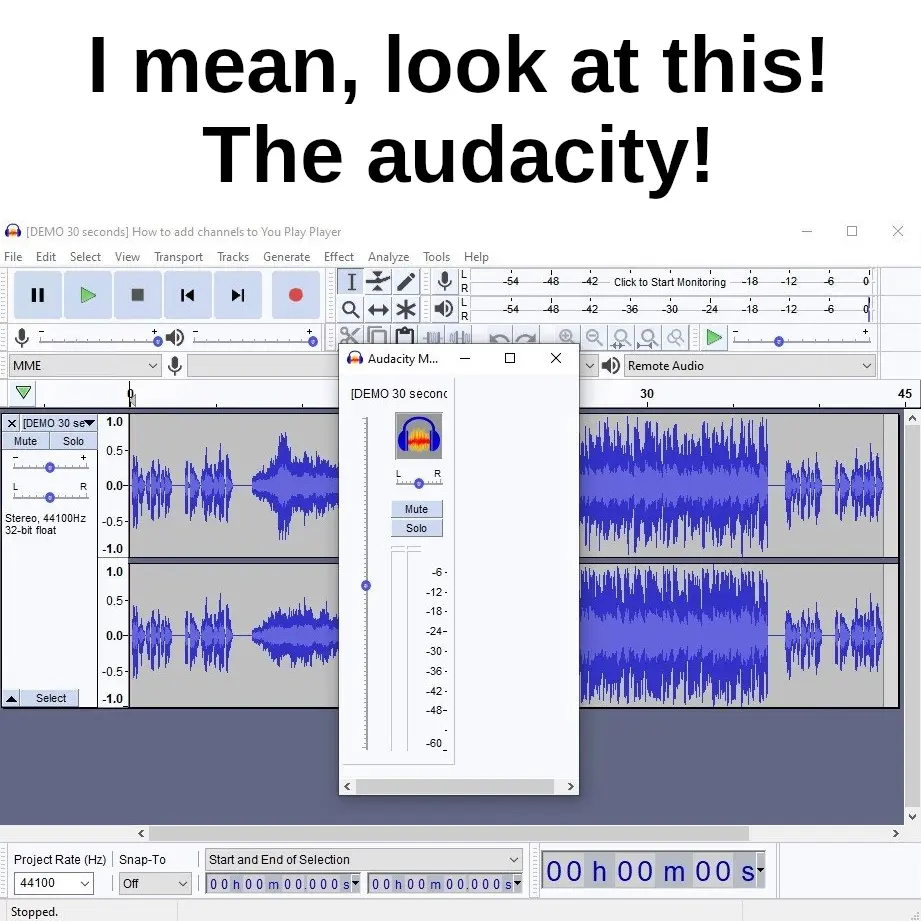 Top text saying "I mean, look at this! The audacity!" Picture at the bottom is a screenshot of Audacity, the audio recording software