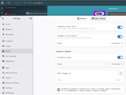 Vivaldi not playing audio. Automatic suspend options are available. 
