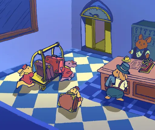 A group of bunnies work together to move multiple heavy suitcases, in luxurious a hotel lobby. The owner of the luggage is an affluent self-made bunny in a top-hat, who is talking to the receptionist. The bunny bellboys push the luggage on a cart, towards the elevator. The decor is gold and blue.