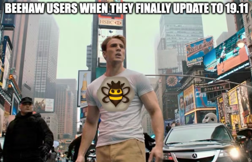 Captain america with Beehaw logo suprised at modern New York "Beehaw users when they finally update to 19.11"
