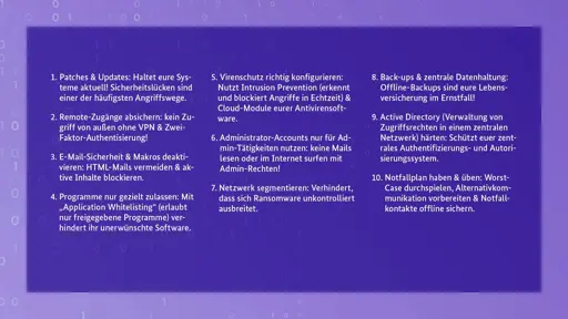 1. Patches & Updates: Haltet eure Systeme aktuell! Sicherheitslücken sind einer der häufigsten Angriffswege.
2. Remote-Zugänge absichern: kein Zugriff von außen ohne VPN & Zwei-Faktor-Authentisierung!
3. E-Mail-Sicherheit & Makros deaktivieren: HTML-Mails vermeiden & aktive Inhalte blockieren.
4️. Programme nur gezielt zulassen: Mit "Application Whitelisting" (erlaubt nur freigegebene Programme) verhindert ihr unerwünschte Software.
5️. Virenschutz richtig konfigurieren: Nutzt Intrusion Prevention (erkennt und blockiert Angriffe in Echtzeit) & Cloud-Module eurer Antivirensoftware.
6. Administrator-Accounts nur für Admin-Tätigkeiten nutzen: keine Mails lesen oder im Internet surfen mit Admin-Rechten!
7️. Netzwerk segmentieren: Verhindert, dass sich Ransomware unkontrolliert ausbreitet.
8. Back-ups & zentrale Datenhaltung: Offline-Backups sind eure Lebensversicherung im Ernstfall!
9️. Active Directory (Verwaltung von Zugriffsrechten in einem zentralen Netzwerk) härten: Schützt euer zentrales Authentifizierungs- und Autorisierungssystem.
10. Notfallplan haben & üben: Worst-Case durchspielen, Alternativkommunikation vorbereiten & Notfallkontakte offline sichern.


#CyberSecurity #Ransomware #DeutschlandDigitalSicherBSI