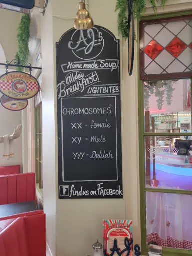 Chalkboard sign in a cafe which says: Chromosomes in inverted commas followed by a line which says XX = female, the next line says YY = male and the last line says YYY = Delilah