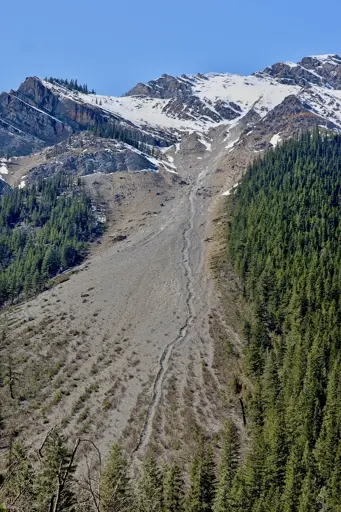 Looking across at where you can see the channel  from a previous snowmelt coming down the mountainside.